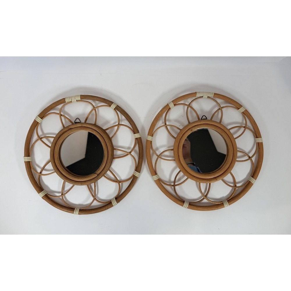 Rattan‎ Mirror Set of 2 round Swirls Boho Style Mirror Beach house Decor  9.5"